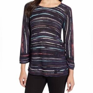 NIC+ZOE MulticolorNavy/Blue/White/Purple Striped 3/4 Sleeve Scoop Neck Sweater